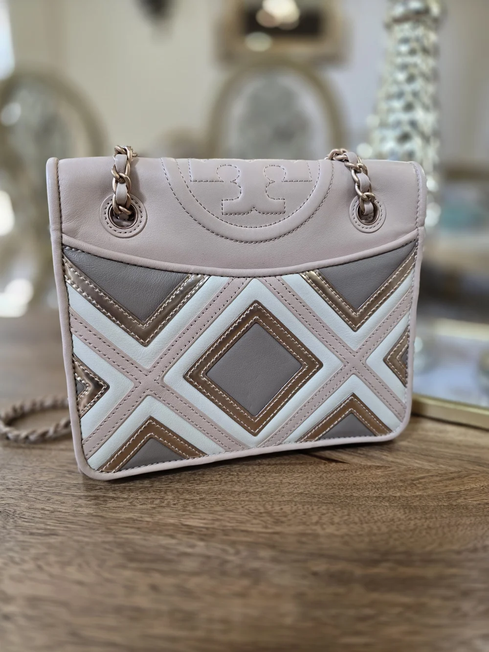Tory Burch Pink Geo Patchwork Crossbody Bag
